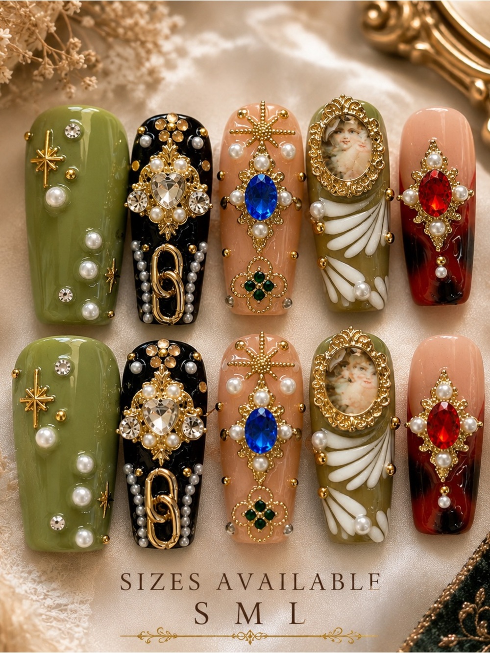 Ornate Jeweled Press-On Nail Set — Green, Black, Nude, Olive & Red